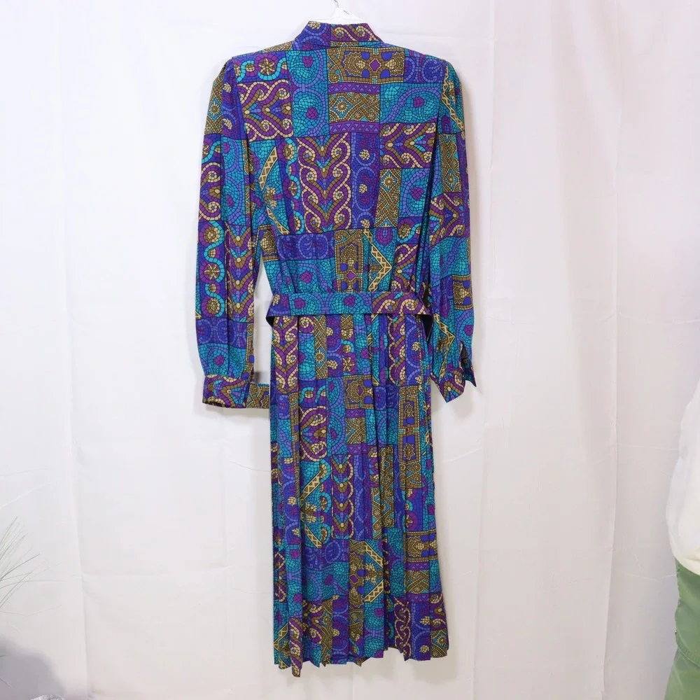 Leslie Fay Shirt Dress 6P Purple Womens Geometric‎ Belted Vintage